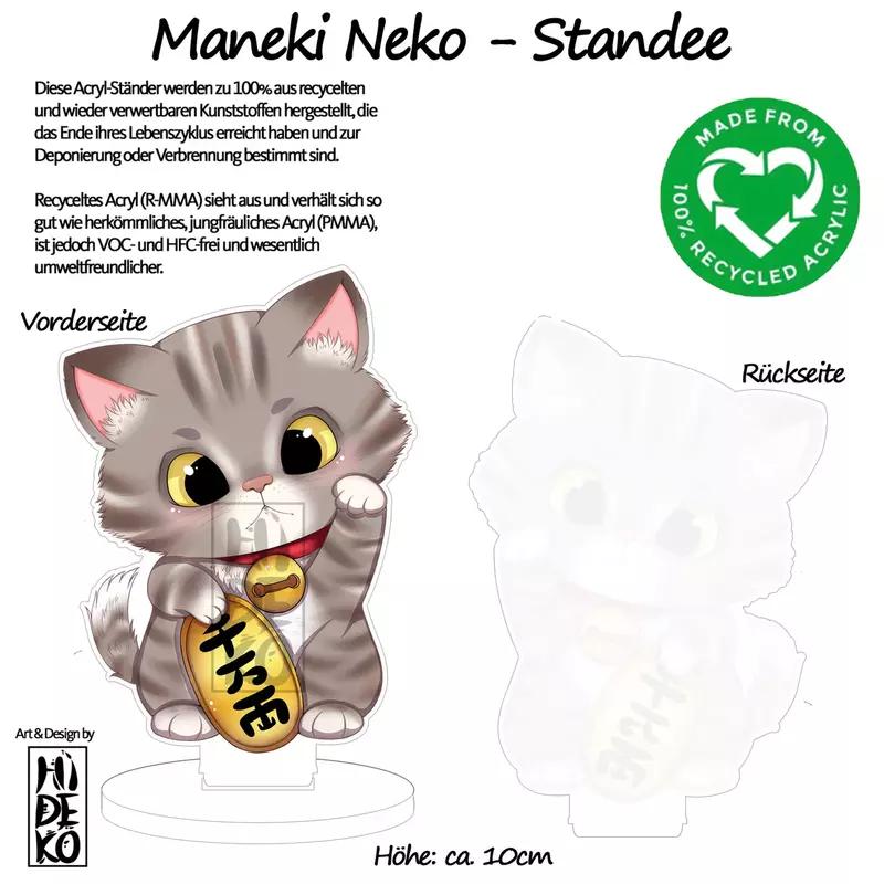 Preview: kawaii Maneki Neko grau getiegert - Glückskatze - Acrylaufsteller - Hideko Merchandise