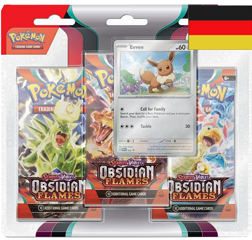 Preview: Pokemon TCG - Karmesin & Purpur: Obsidianflammen 3-Pack Blister - Friedwuff/ Evoli - DE