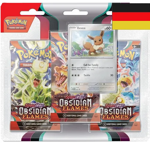 Preview: Pokemon TCG - Karmesin & Purpur: Obsidianflammen 3-Pack Blister - Friedwuff/ Evoli - DE