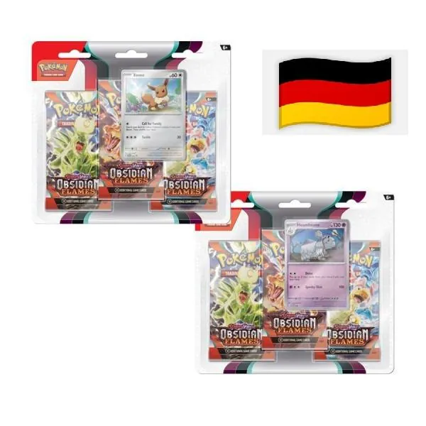 Preview: Pokemon TCG - Karmesin & Purpur: Obsidianflammen 3-Pack Blister - Friedwuff/ Evoli - DE