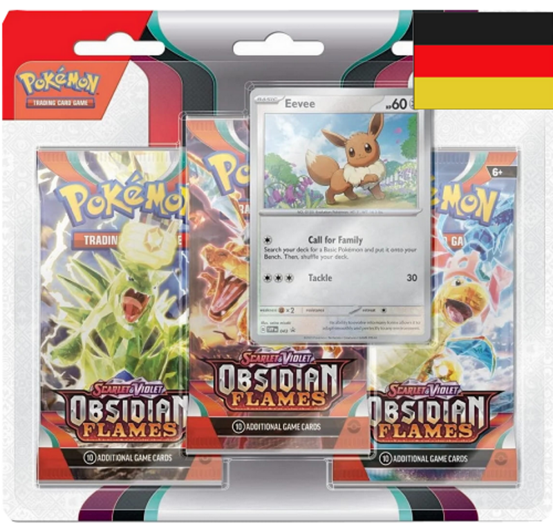 Pokemon TCG - Karmesin & Purpur: Obsidianflammen 3-Pack Blister - Friedwuff/ Evoli - DE