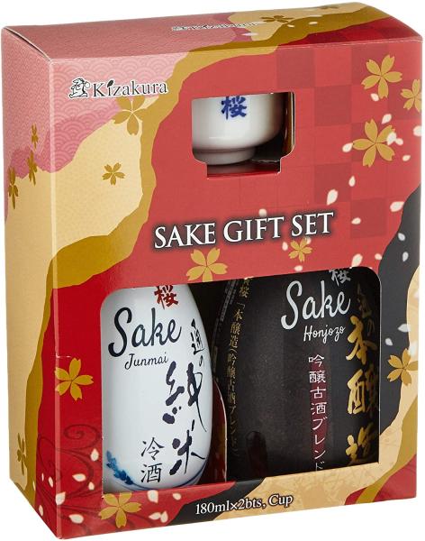 Japanisches Sake Geschenkset mit Junmai und Honjozo und traditionellen Sake Becher von KIZAKURA [EINWEG]