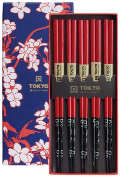 Essstäbchen-Set aus Bambus - rot/schwarze Blume von Tokyo Design Studio