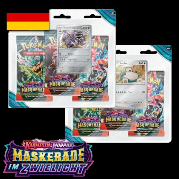 Zufällige Auswahl - Relaxo/ Knattatox - Pokemon TCG - Karmesin & Purpur – Maskerade im Zwielicht – 3-Booster Blister Pack - DE